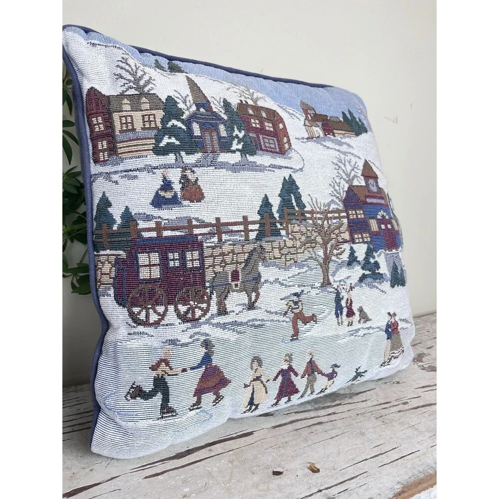 Vintage Hand Sewn Decorative Throw Pillow Winter Skating Scene Holiday Decor 15”